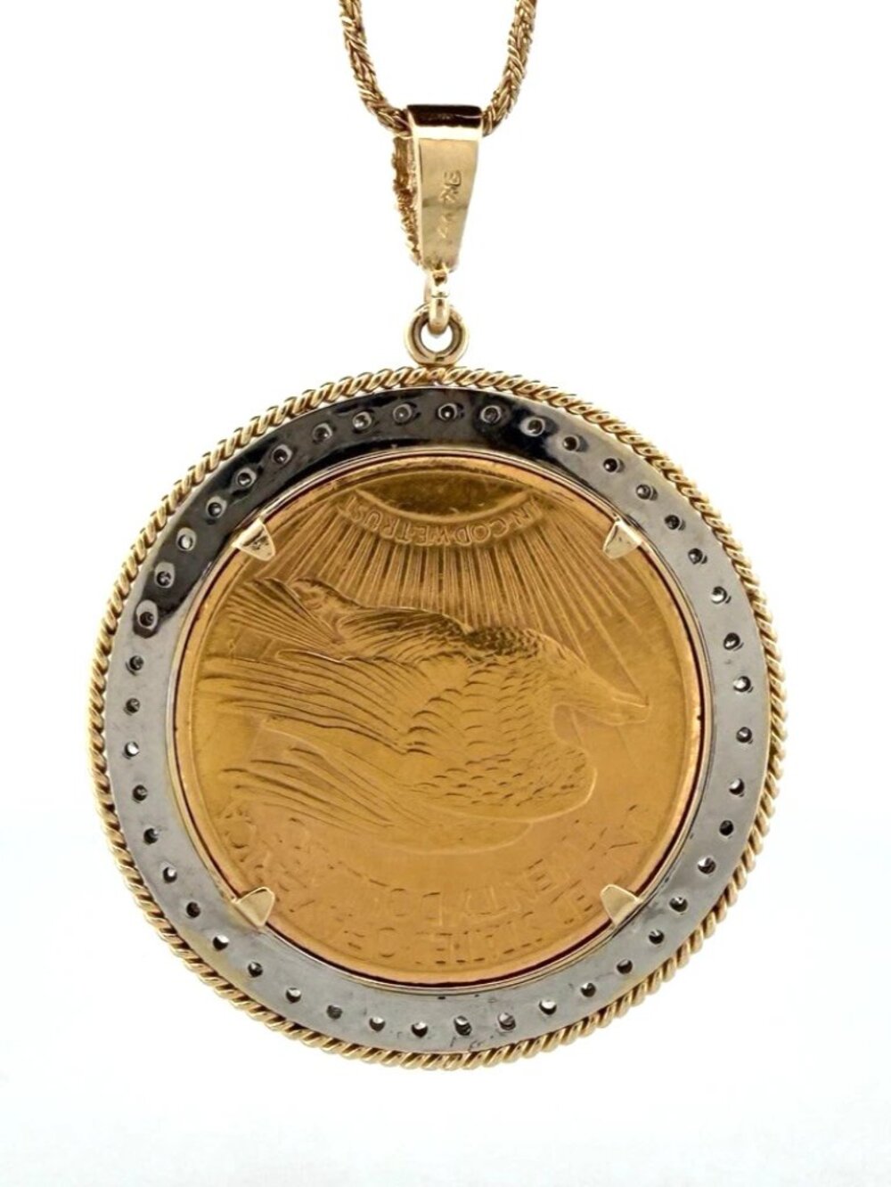 1909 $20 Liberty Gold Coin Diamond Bezel Pendant 14K Gold Necklace 54.62g